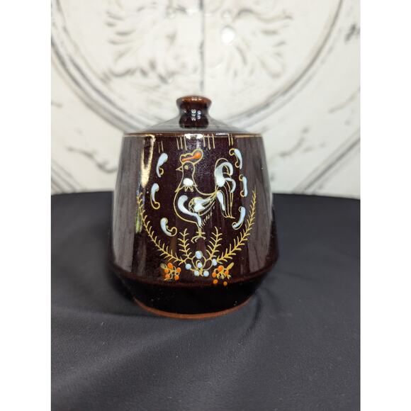 Vintage Moriage Redware Sugar Bowl w/ Handpainted Rooster Motif, MCM, Pre-Owned - Picture 2 of 7